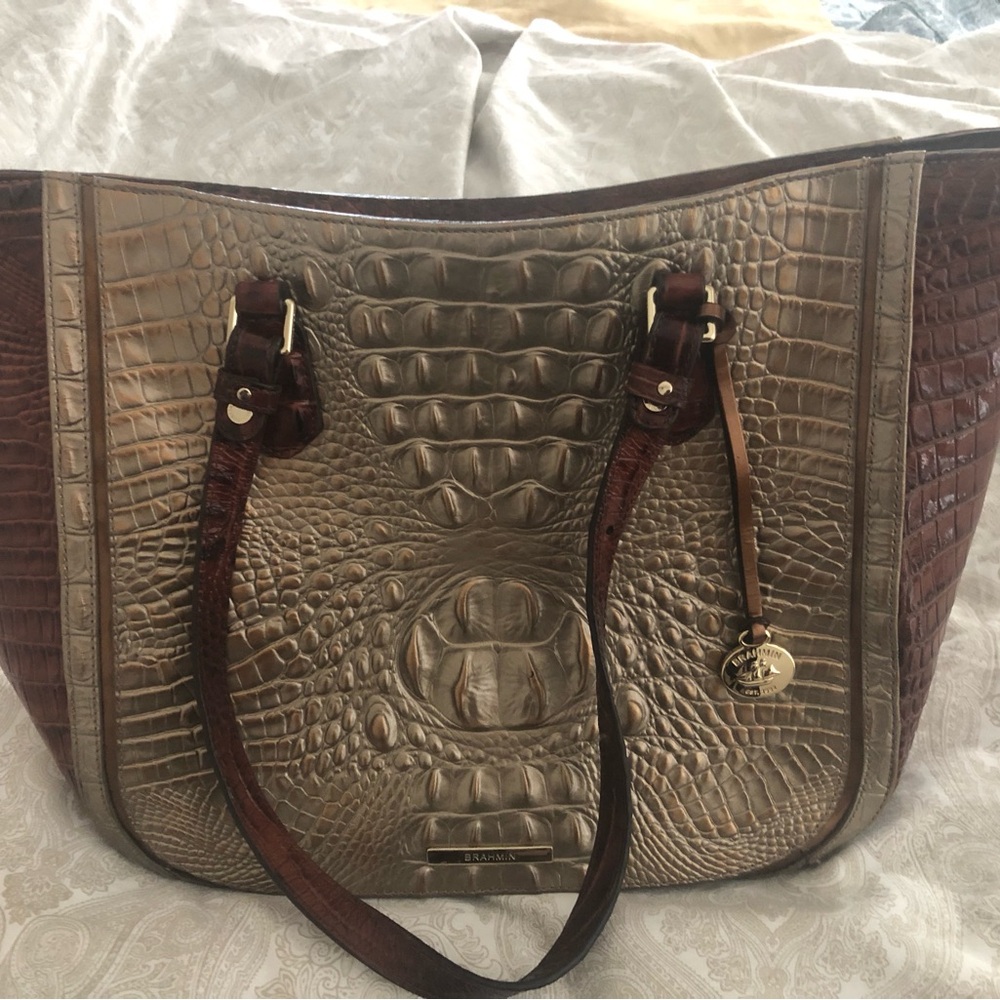 Brahmin Metallic Gold and Brown Croc-Embossed Leather Tote
